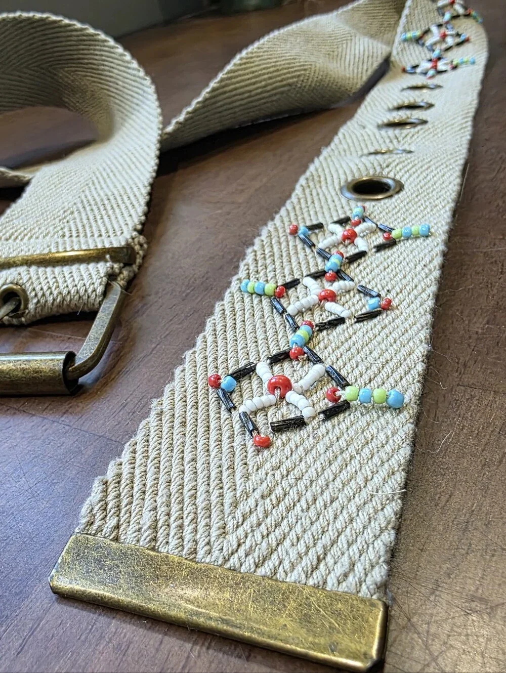 Embroidered Ivory Woven Belt with Brass Hardware Size 13